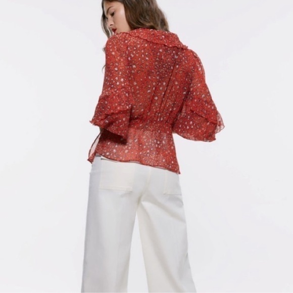 Zara Red Animal Print Sheer Flowy Ruffle Trim Wrap Blouse Top sz Small - Picture 4 of 8